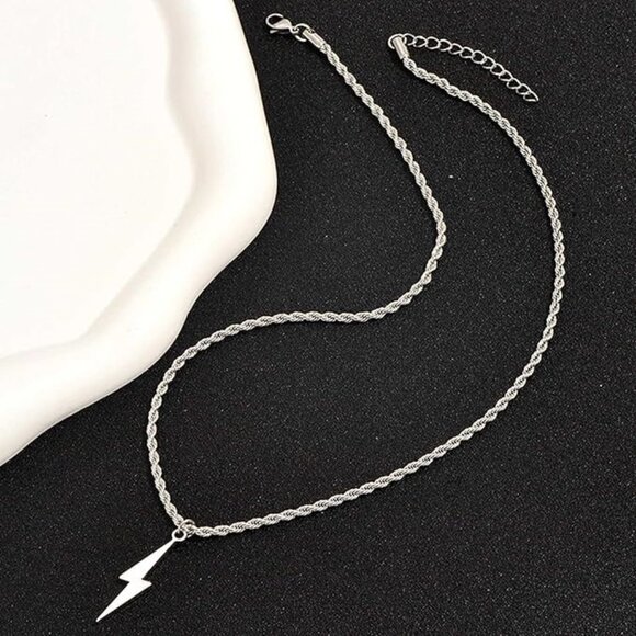 Silver Rope Chain Necklace with Lightning Bolt Pendant –Trendy Statement Jewelry - Picture 2 of 7